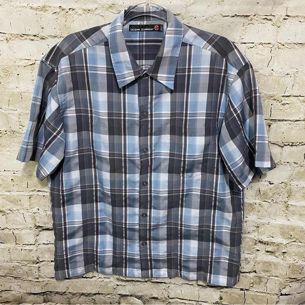 Ocean Current Blue Gray Plaid Short Sleeve Button Up Shirt